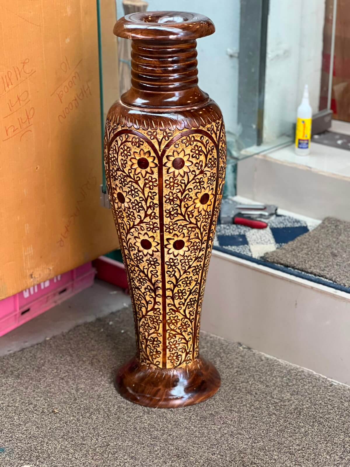 Hand-Carved Walnut Wood Floor Vase