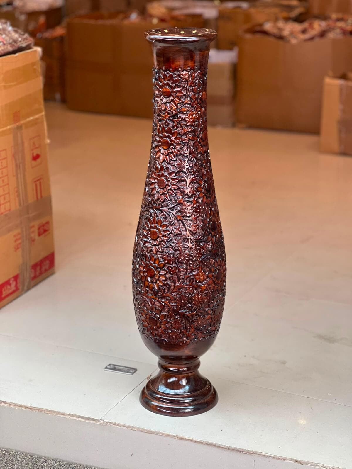 Hand-Carved Walnut Wood Lotus Floor Vase