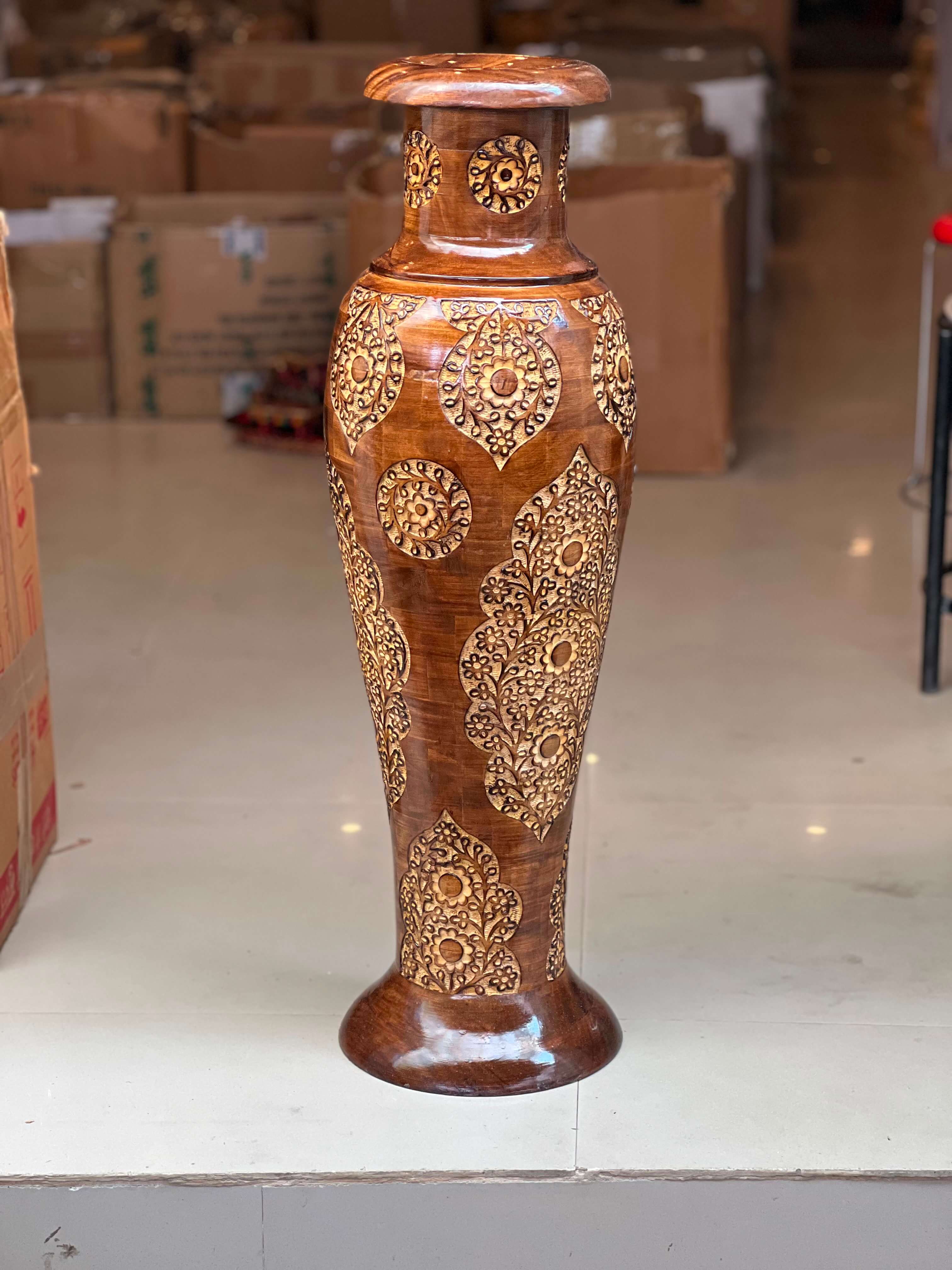 Hand-Carved Walnut Wood Floor Vase