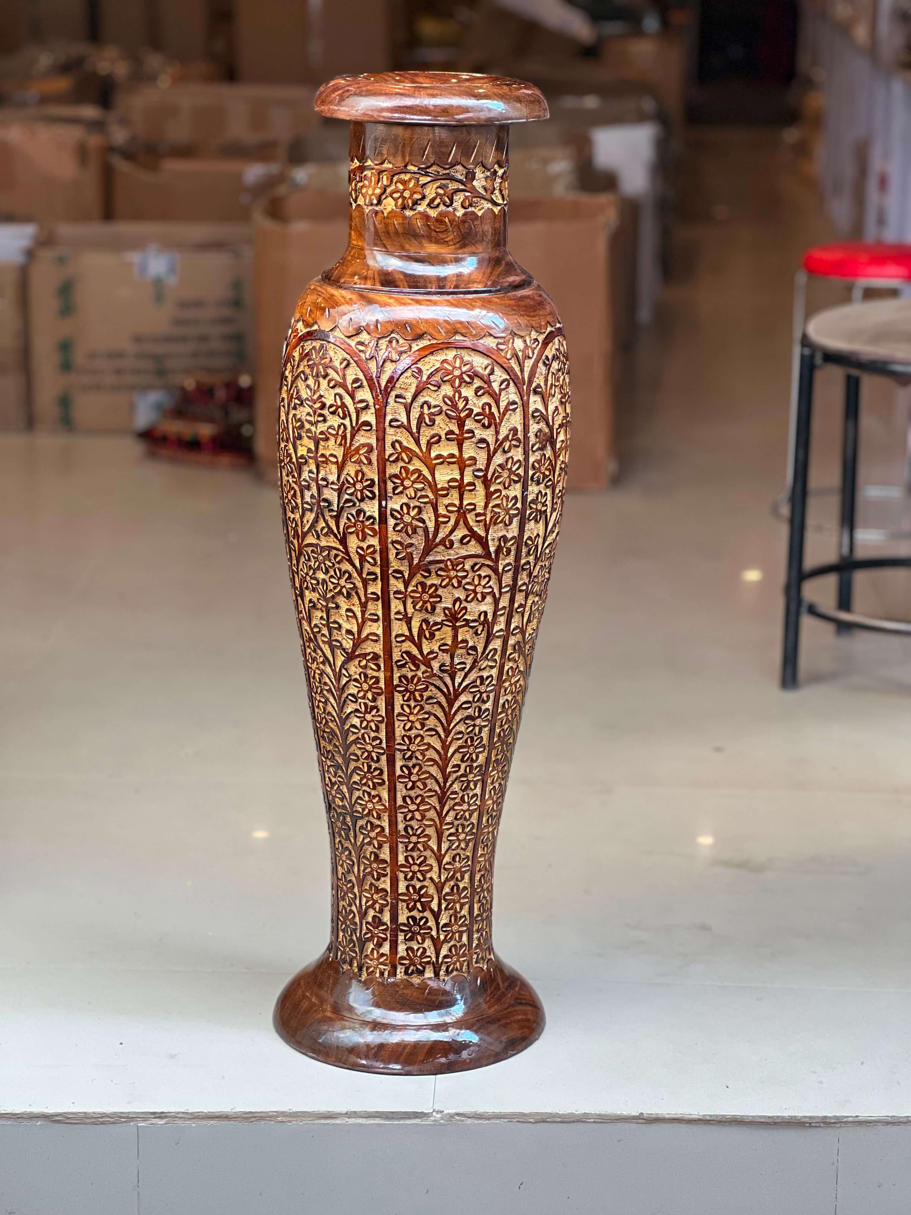 Hand-Carved Walnut Wood Floor Vase