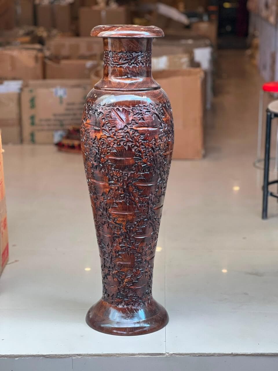 Hand-Carved Walnut Wood Lotus Floor Vase